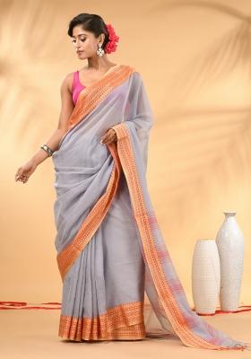 Grey Floral Embroidery Mulmul Saree Set