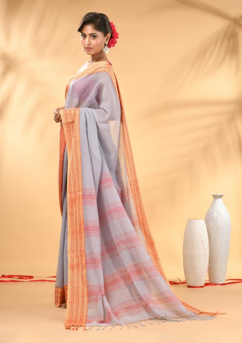 Grey Floral Embroidery Mulmul Saree Set - Indya