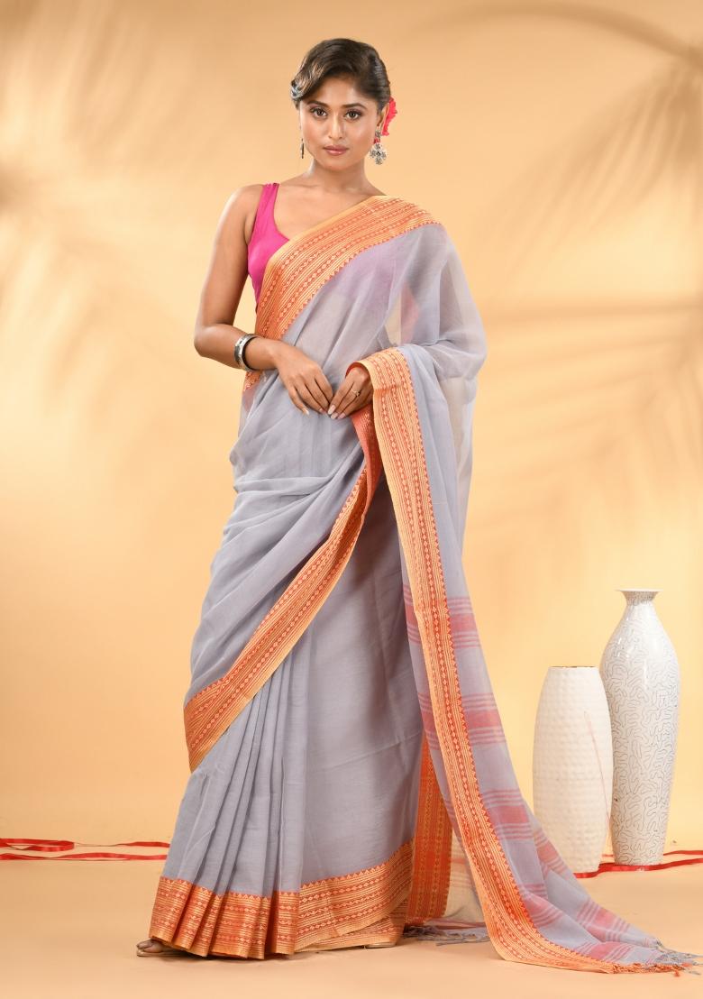 Grey Floral Embroidery Mulmul Saree Set - Indya
