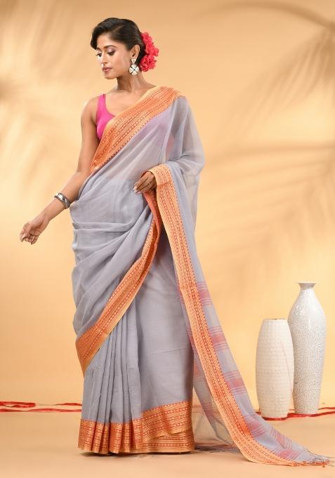 Grey Floral Embroidery Mulmul Saree Set
