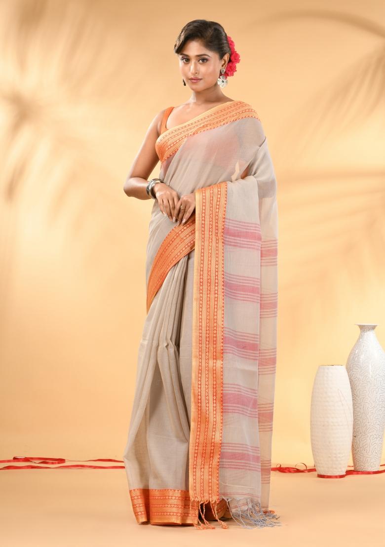 Beige Floral Embroidery Mulmul Saree Set