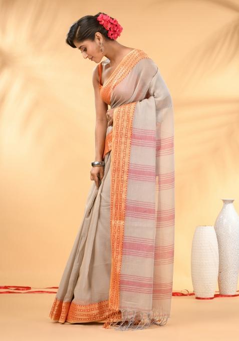 Beige Floral Embroidery Mulmul Saree Set