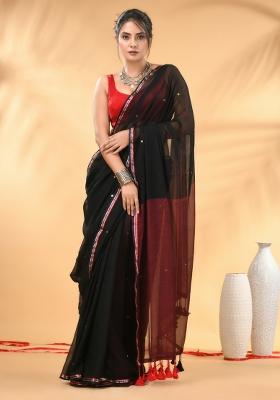 Black And Red Floral Embroidery Mulmul Saree Set
