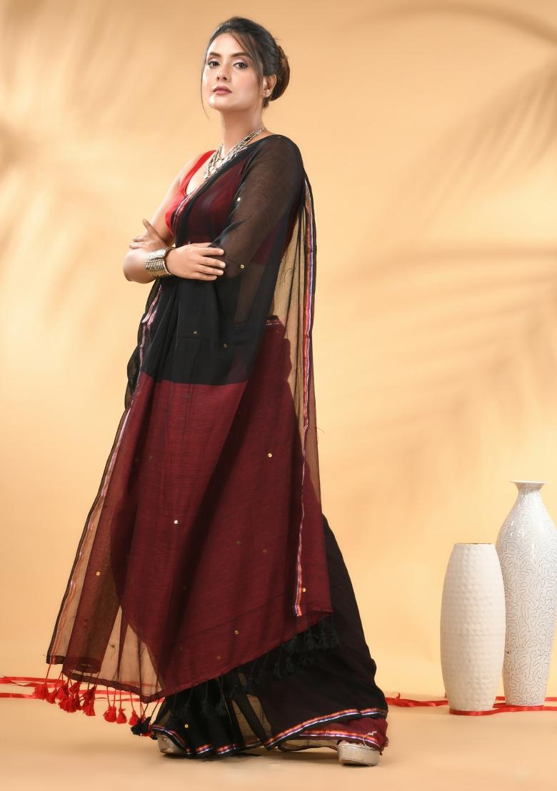 Black And Red Floral Embroidery Mulmul Saree Set - Indya