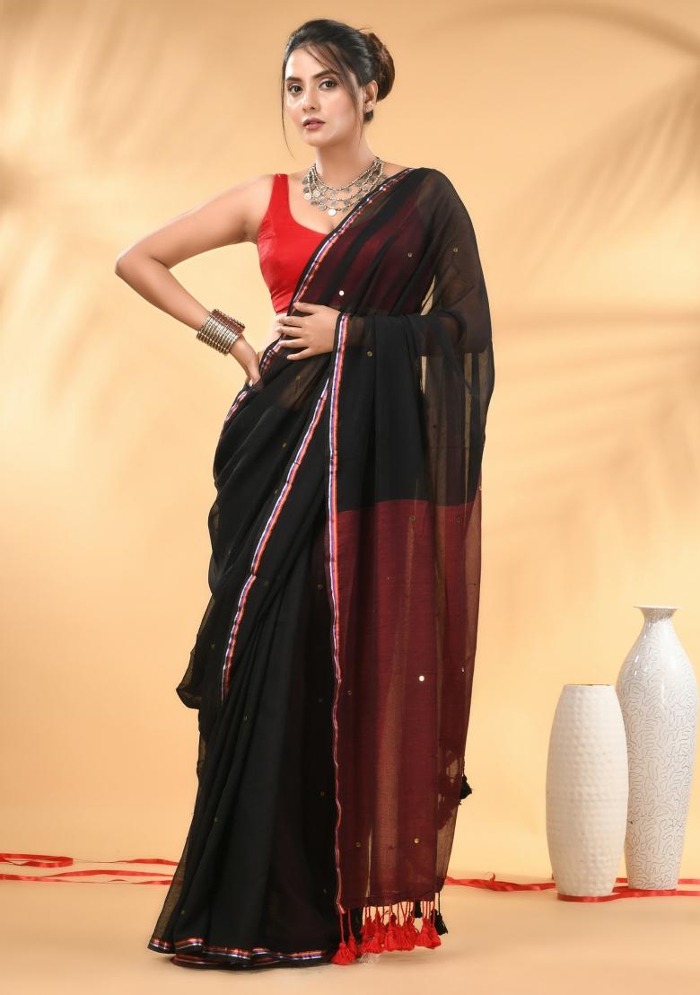 Black And Red Floral Embroidery Mulmul Saree Set - Indya