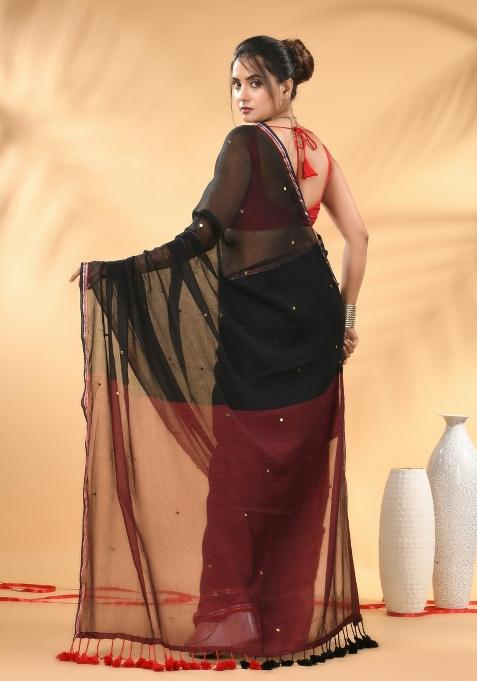 Black And Red Floral Embroidery Mulmul Saree Set