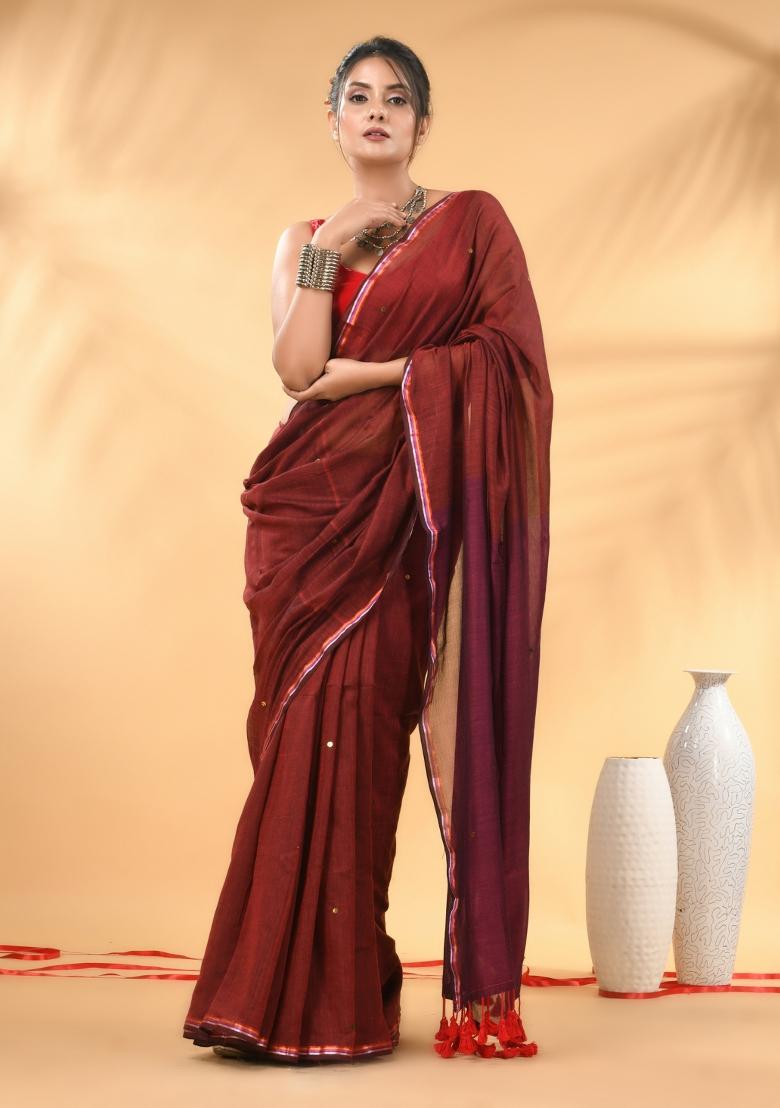 Red And Magenta Floral Embroidery Mulmul Saree Set