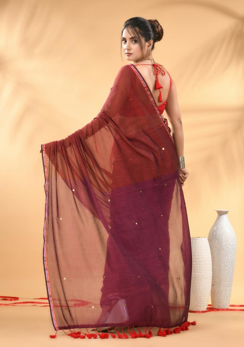 Red And Magenta Floral Embroidery Mulmul Saree Set