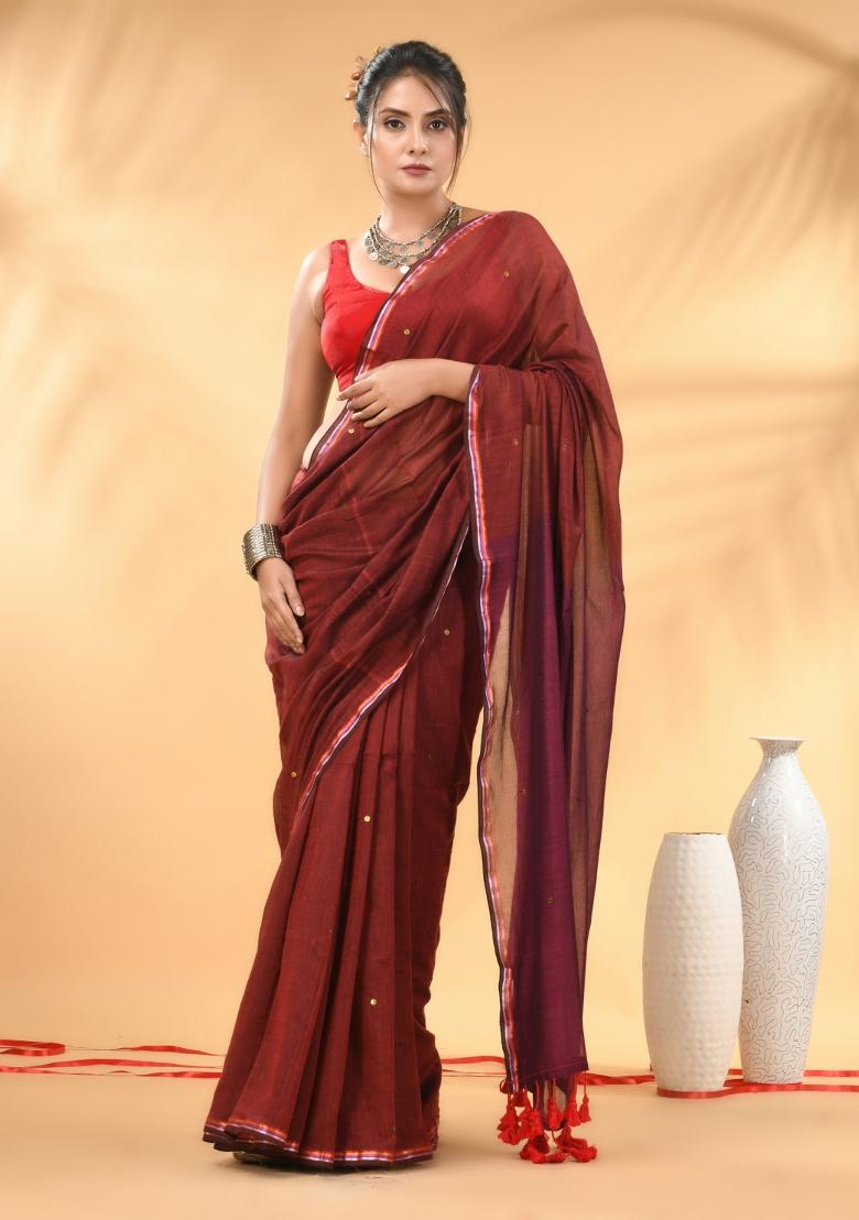 Red And Magenta Floral Embroidery Mulmul Saree Set - Indya