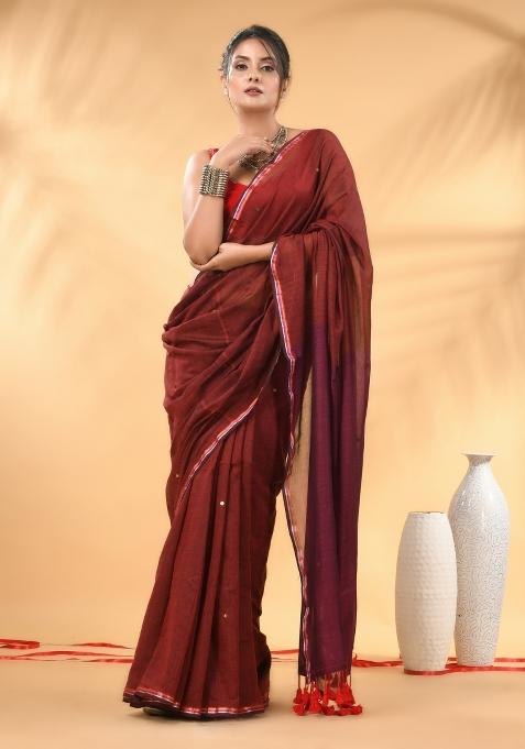 Red And Magenta Floral Embroidery Mulmul Saree Set