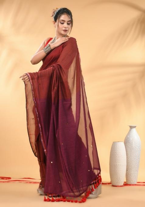 Red And Magenta Floral Embroidery Mulmul Saree Set