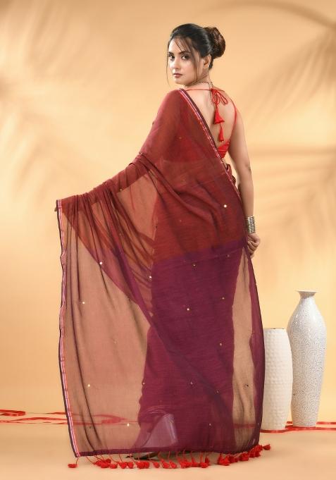 Red And Magenta Floral Embroidery Mulmul Saree Set