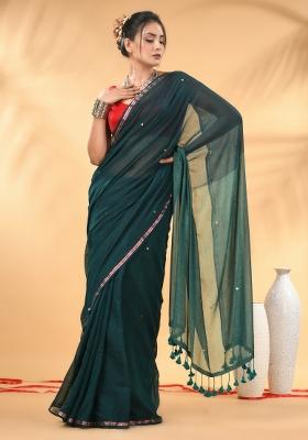 Dark And Light Teal Floral Embroidery Mulmul Saree Set
