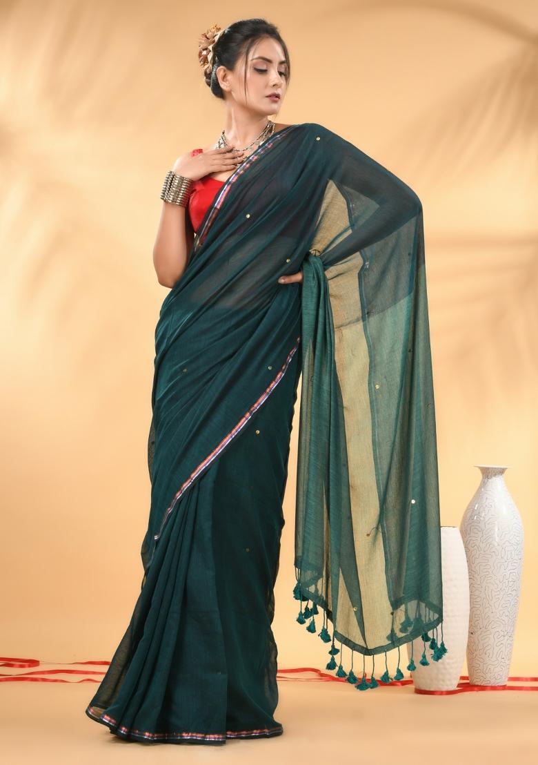 Dark And Light Teal Floral Embroidery Mulmul Saree Set