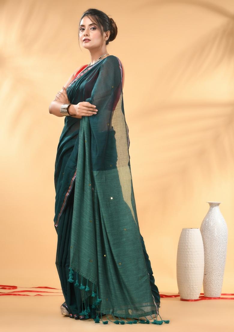 Dark And Light Teal Floral Embroidery Mulmul Saree Set - Indya