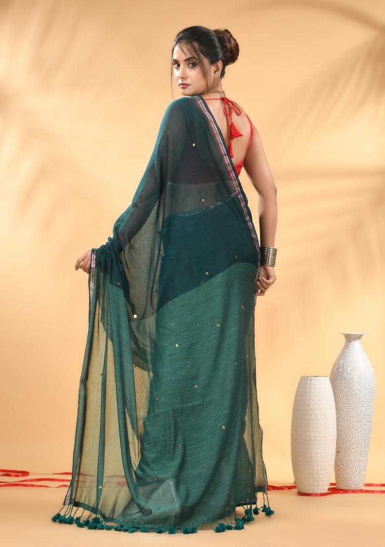 Dark And Light Teal Floral Embroidery Mulmul Saree Set