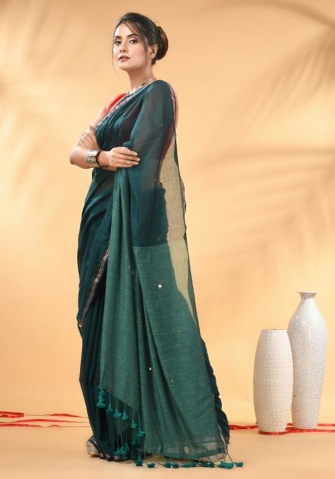 Dark And Light Teal Floral Embroidery Mulmul Saree Set