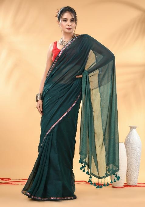 Dark And Light Teal Floral Embroidery Mulmul Saree Set