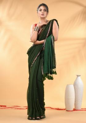 Dark And Light Green Floral Embroidery Mulmul Saree Set