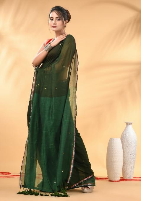 Dark And Light Green Floral Embroidery Mulmul Saree Set
