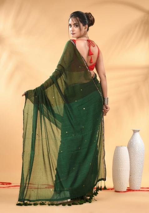 Dark And Light Green Floral Embroidery Mulmul Saree Set