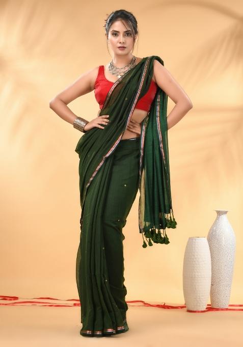 Dark And Light Green Floral Embroidery Mulmul Saree Set