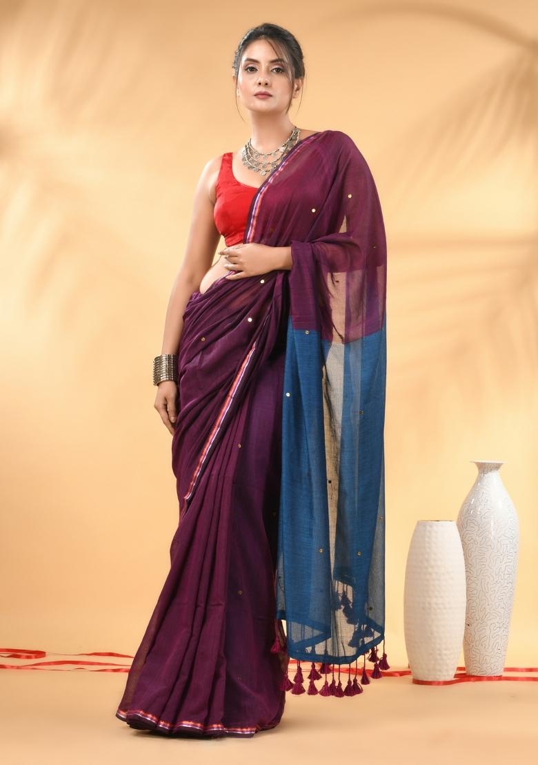 Purple And Sapphire Blue Floral Embroidery Mulmul Saree Set