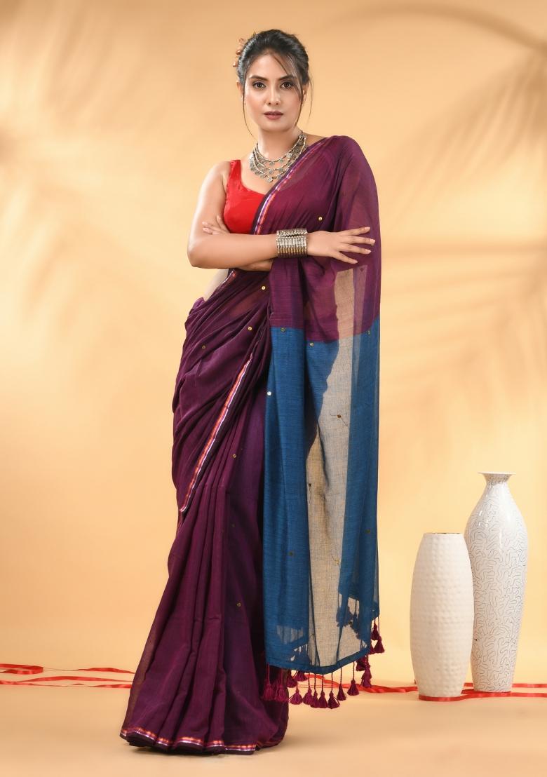 Purple And Sapphire Blue Floral Embroidery Mulmul Saree Set - Indya