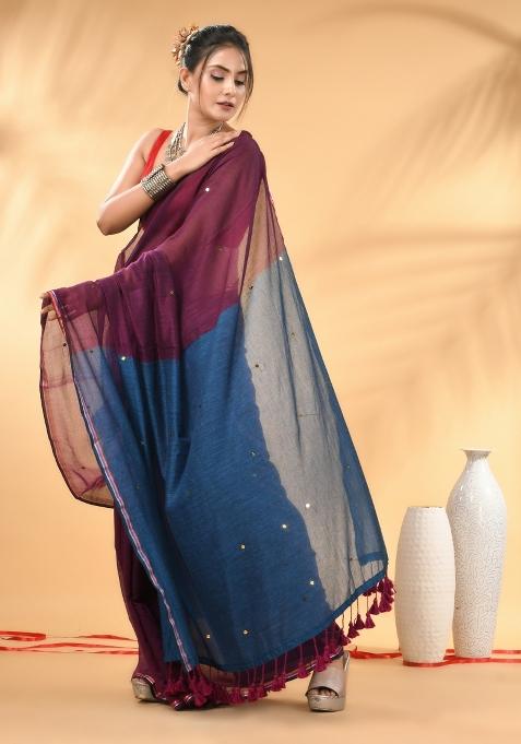 Purple And Sapphire Blue Floral Embroidery Mulmul Saree Set