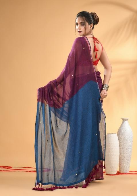 Purple And Sapphire Blue Floral Embroidery Mulmul Saree Set