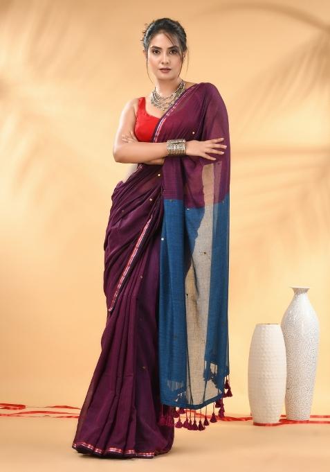 Purple And Sapphire Blue Floral Embroidery Mulmul Saree Set