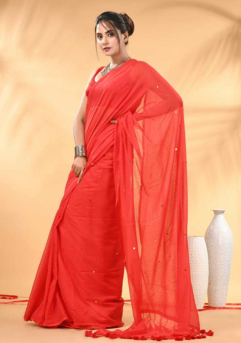 Red Floral Embroidery Mulmul Saree Set - Indya