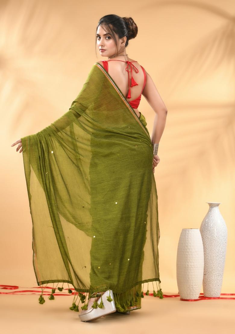 Olive Green Floral Embroidery Mulmul Saree Set