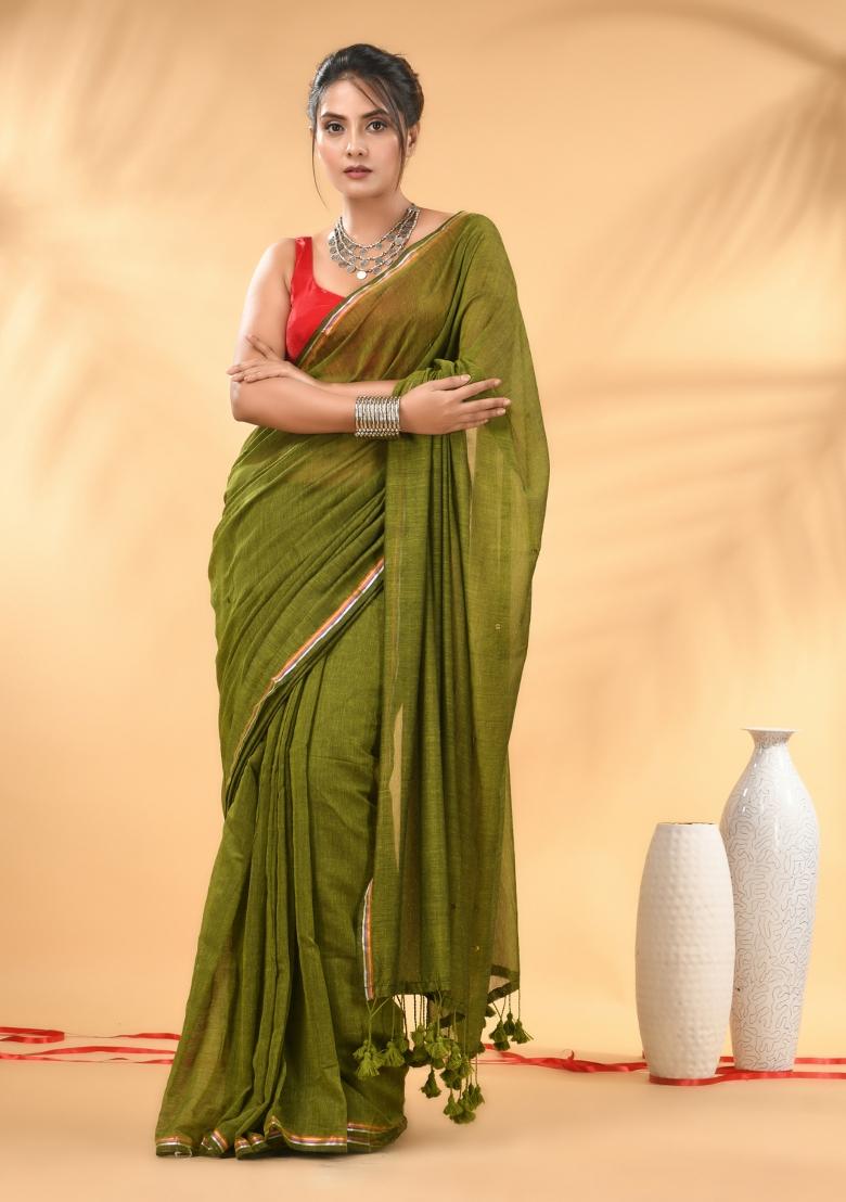 Olive Green Floral Embroidery Mulmul Saree Set - Indya
