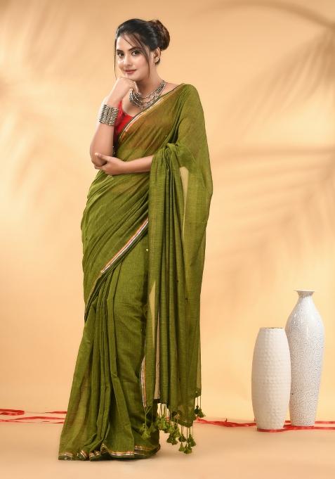 Olive Green Floral Embroidery Mulmul Saree Set