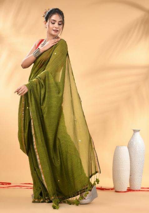 Olive Green Floral Embroidery Mulmul Saree Set