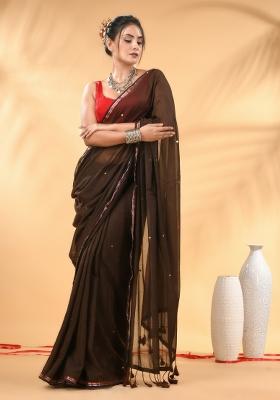 Brown Floral Embroidery Mulmul Saree Set