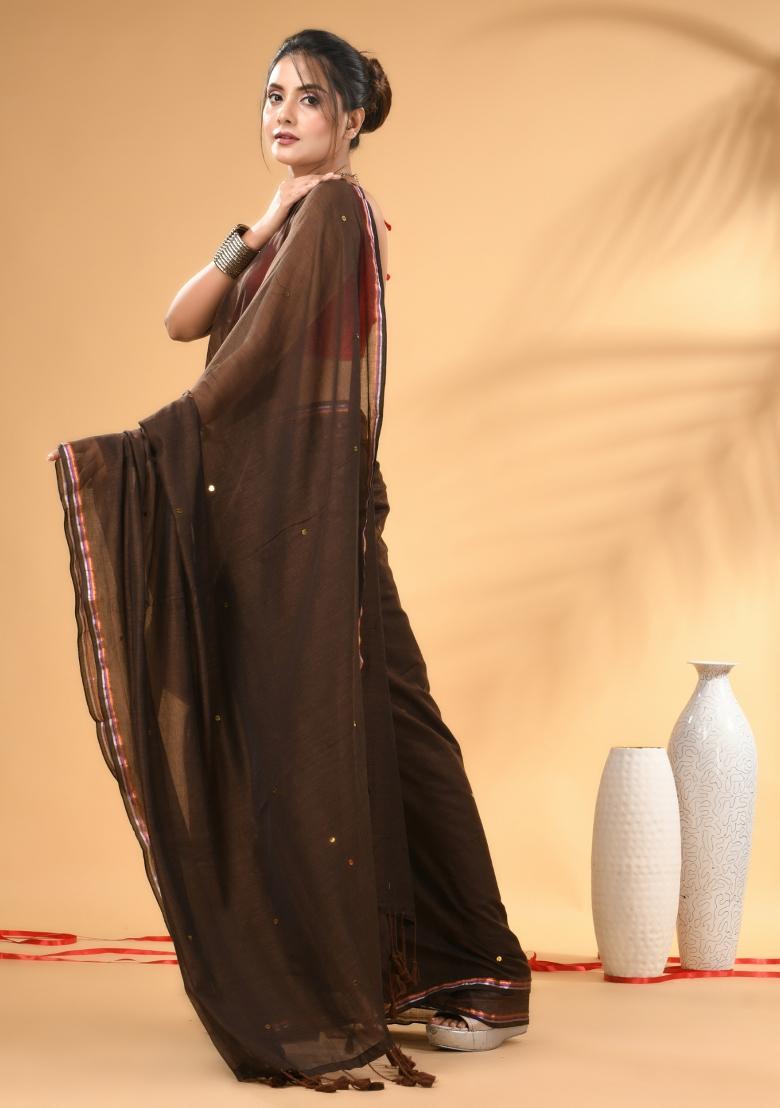 Brown Floral Embroidery Mulmul Saree Set - Indya