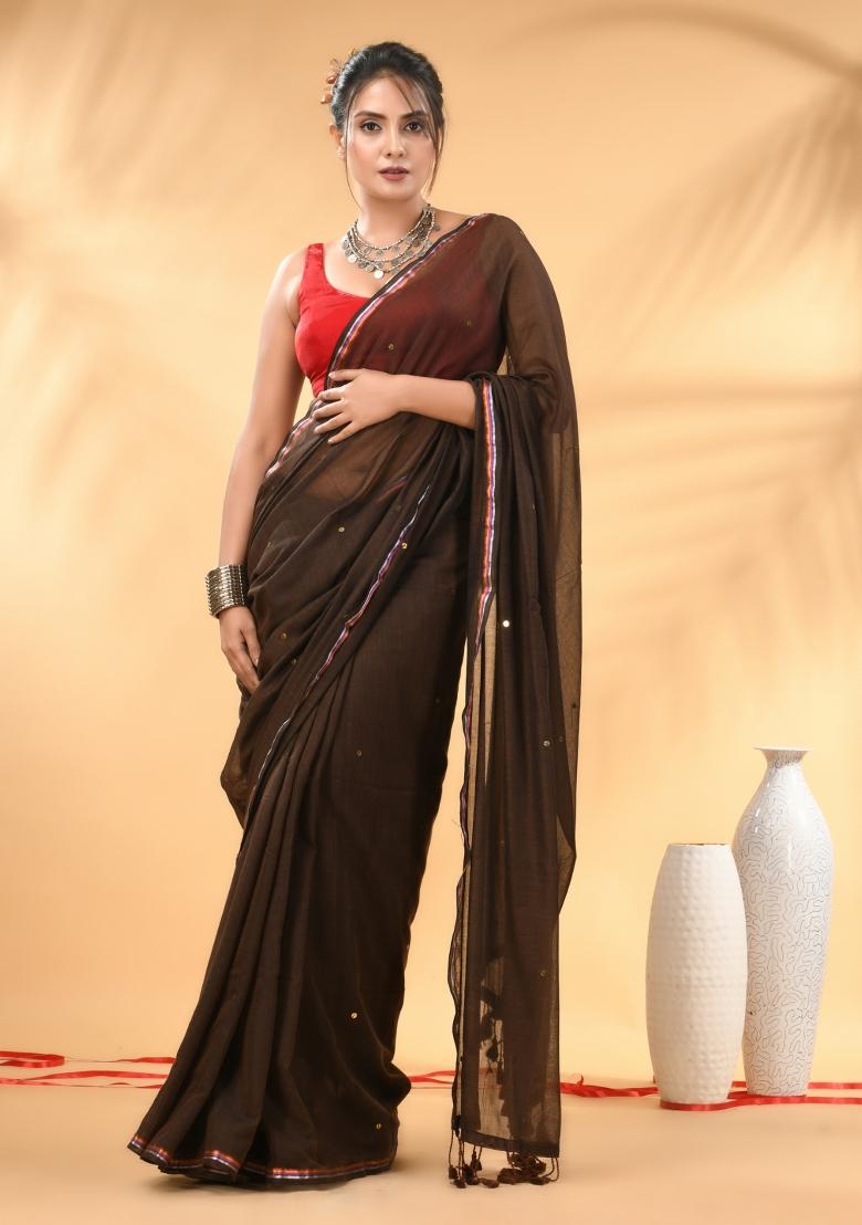 Brown Floral Embroidery Mulmul Saree Set - Indya