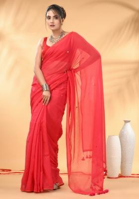 Rose Red Floral Embroidery Mulmul Saree Set