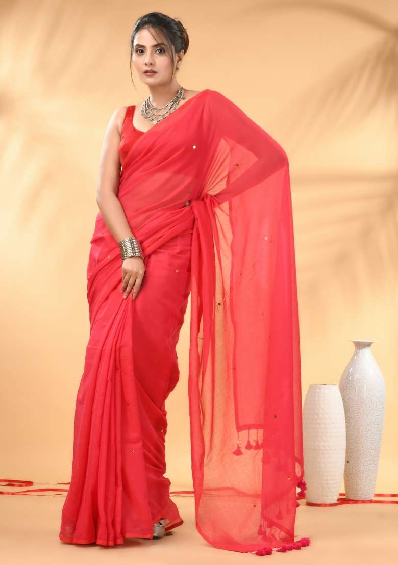 Rose Red Floral Mulmul Saree Set with Embroidery for Diwali | Wedding & Festive Wear - Indya