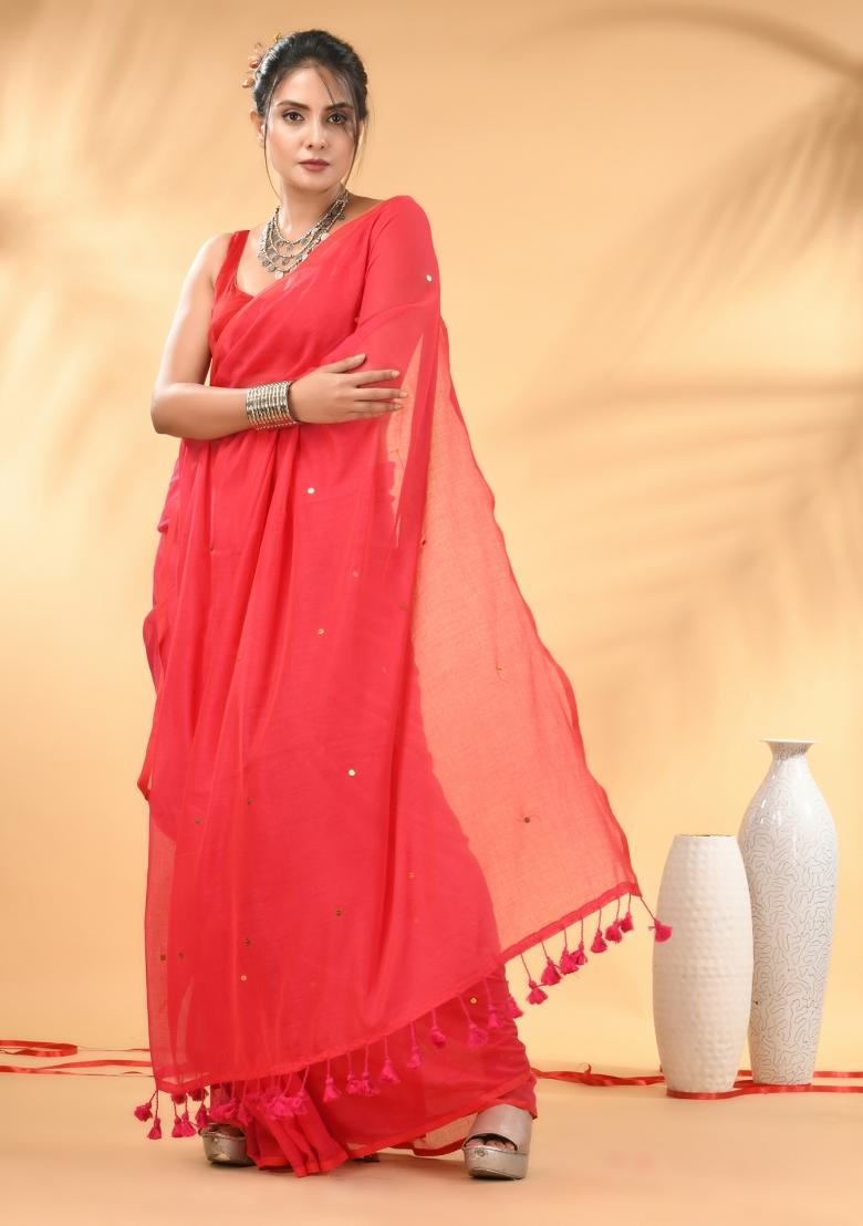 Rose Red Floral Embroidery Mulmul Saree Set - Indya