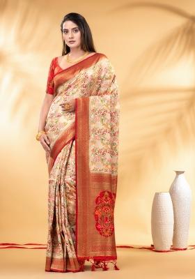 Off White Floral Embroidery Silk Saree Set