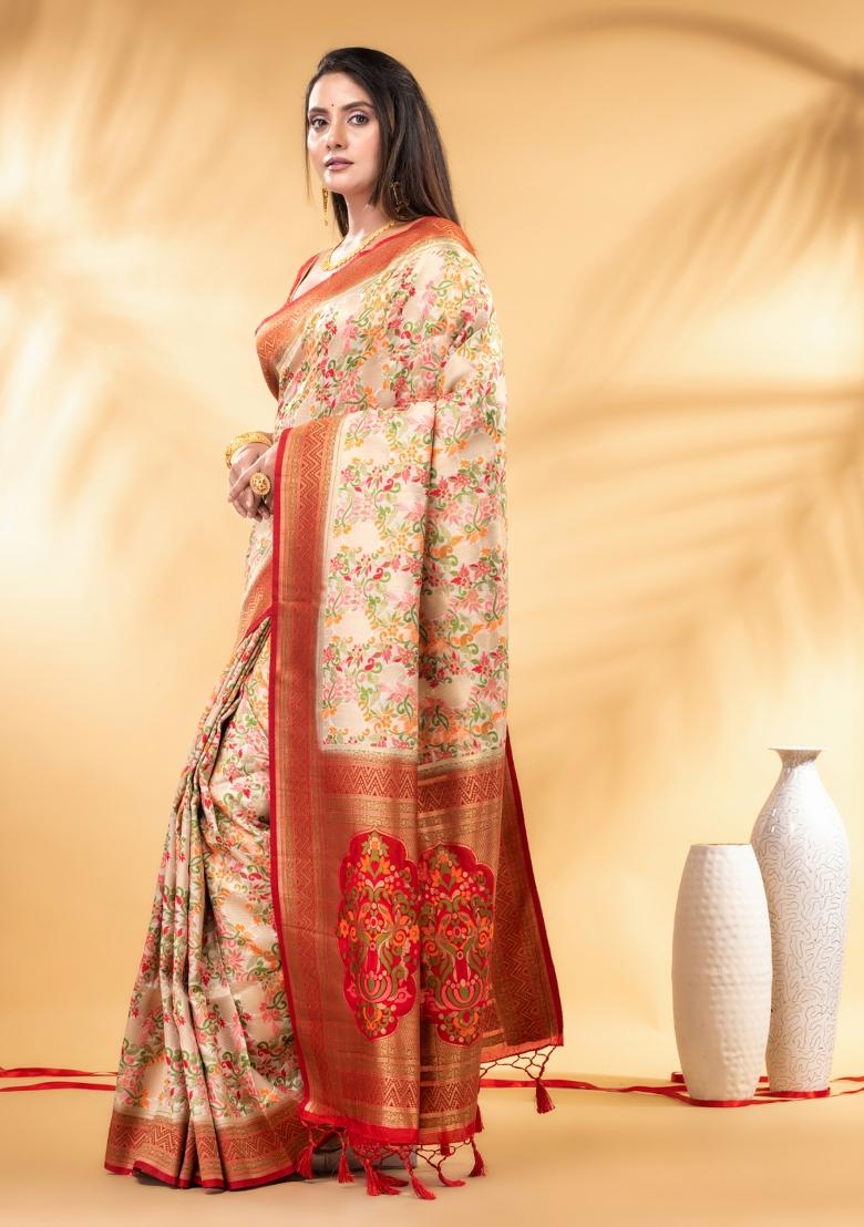 Off White Floral Embroidery Silk Saree Set - Indya