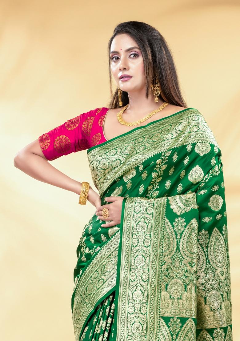 Green Floral Embroidery Silk Blend Saree Set - Indya