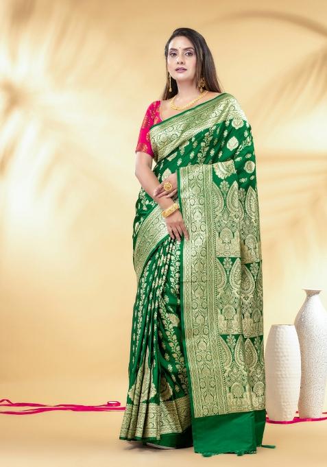 Green Floral Embroidery Silk Blend Saree Set