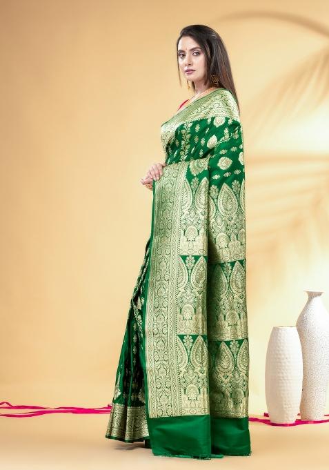 Green Floral Embroidery Silk Blend Saree Set