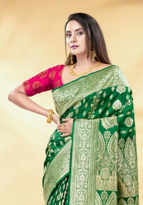 Green Floral Embroidery Silk Blend Saree Set