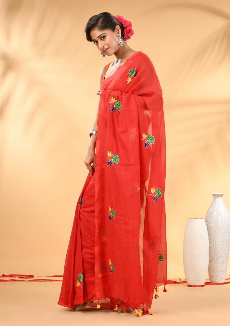 Red Floral Embroidery Mulmul Saree - Indya