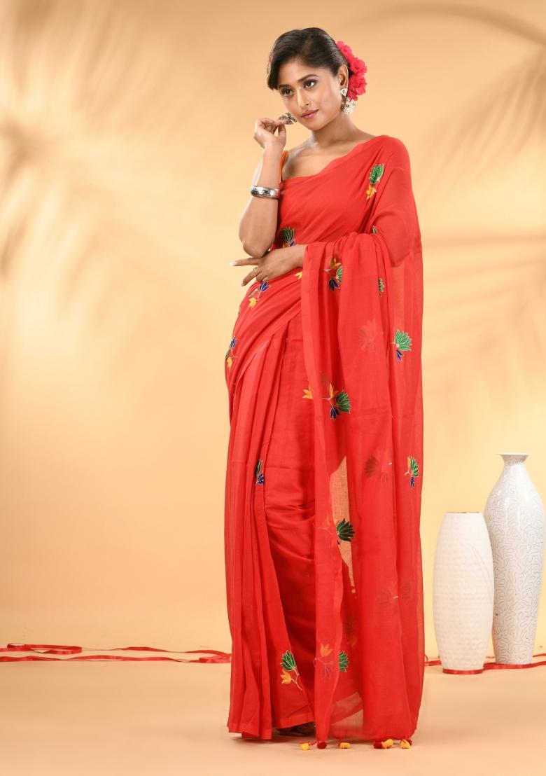 Red Floral Embroidery Mulmul Saree - Indya